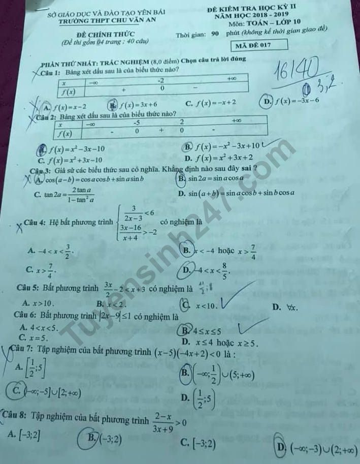 De thi ki 2 mon Toan lop 10 THPT Chu Van An - Yen Bai 2019
