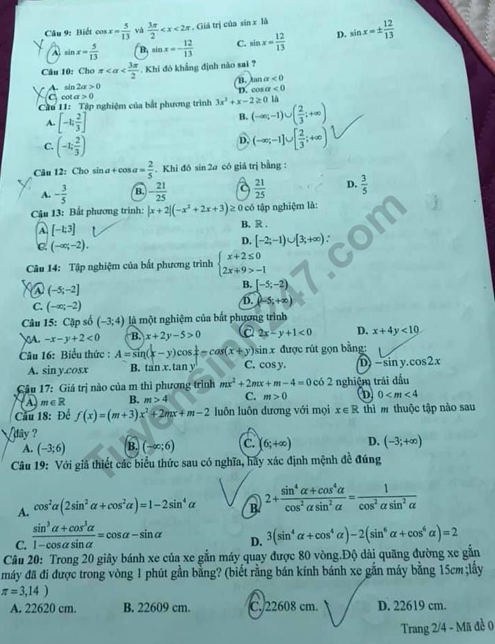 De thi ki 2 mon Toan lop 10 THPT Chu Van An - Yen Bai 2019