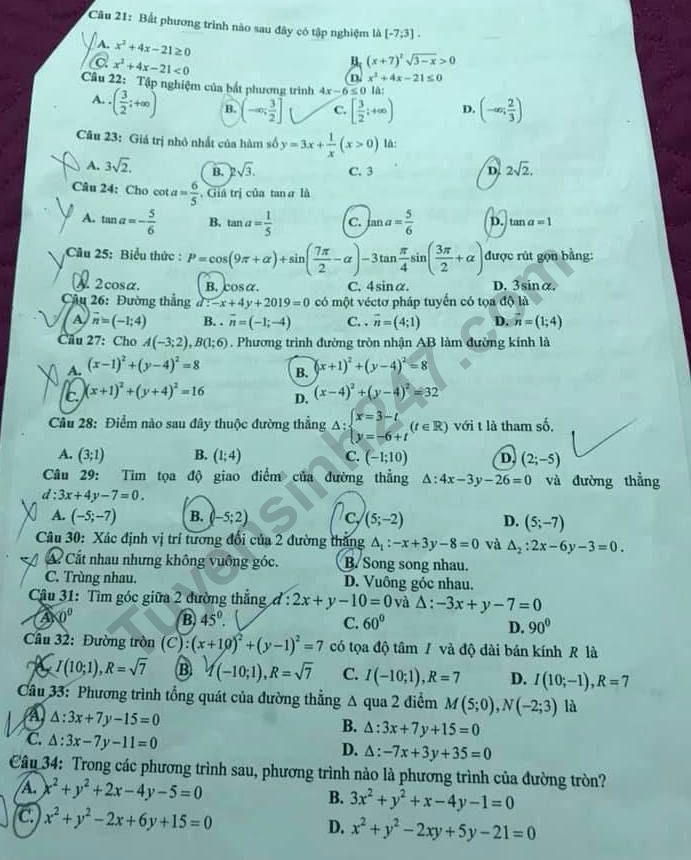 De thi ki 2 mon Toan lop 10 THPT Chu Van An - Yen Bai 2019