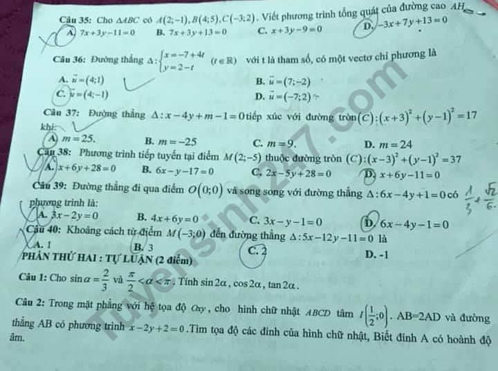 De thi ki 2 mon Toan lop 10 THPT Chu Van An - Yen Bai 2019
