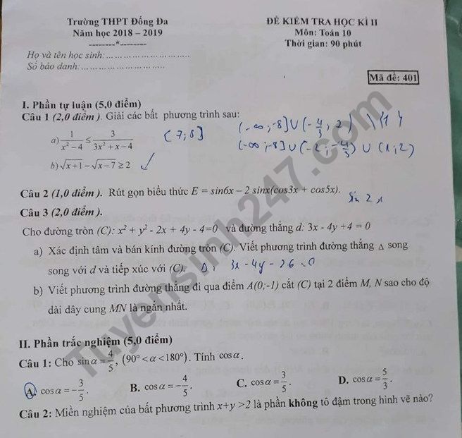 De thi ki 2 lop 10 mon Toan THPT Dong Da 2019 - Co dap an