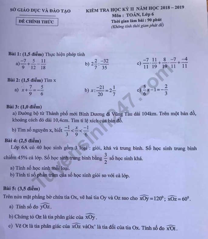 De ki 2 mon Toan lop 6 - So GD Binh Duong 2019