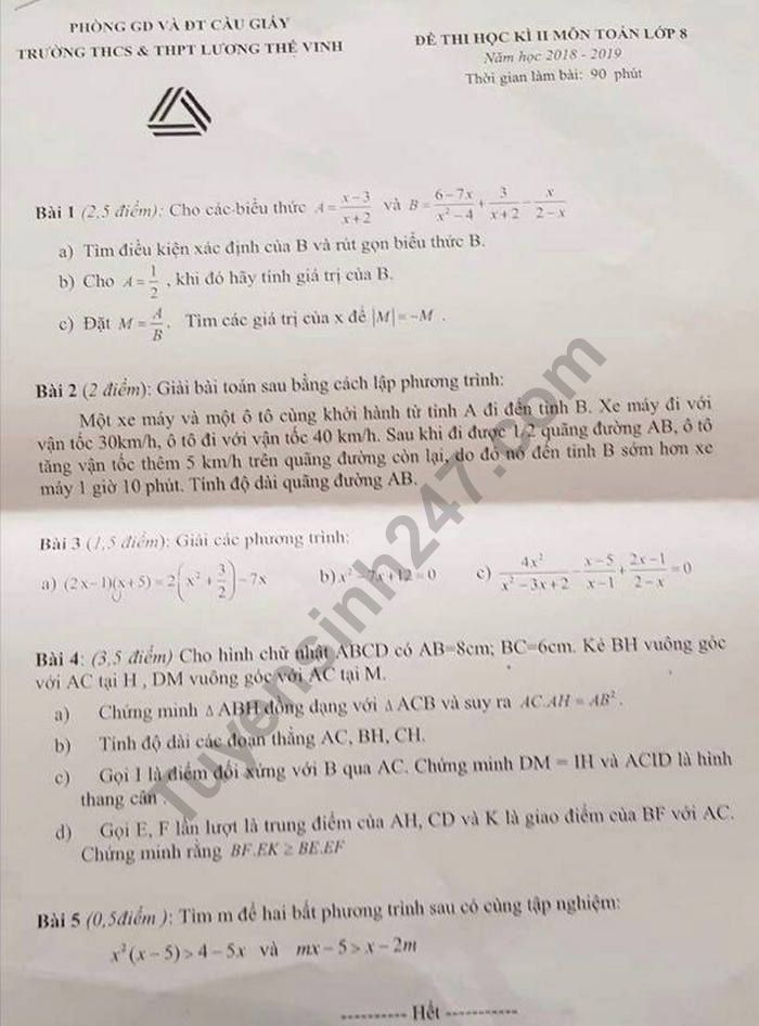 De thi hoc ki 2 lop 8 mon Toan - THCS Luong The Vinh