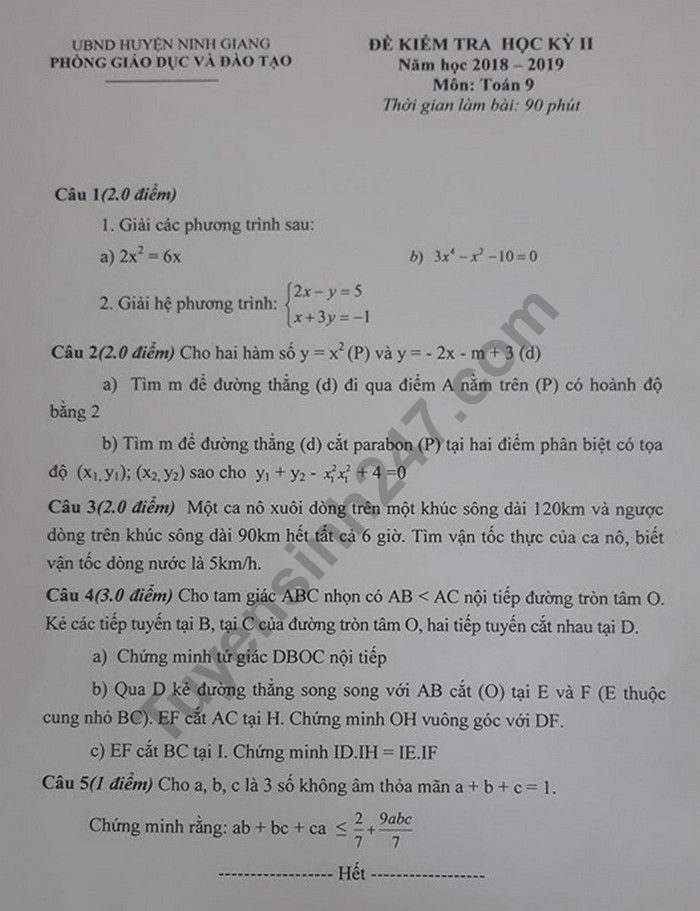 De thi hoc ki 2 mon Toan lop 9 - Huyen Ninh Giang 2019