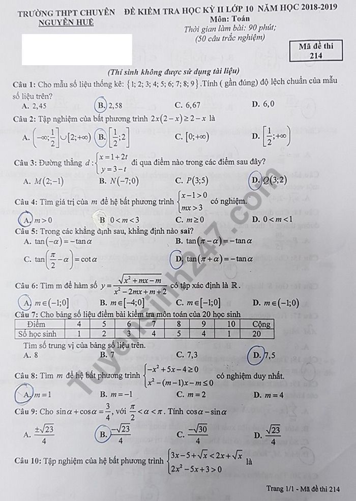 De ki 2 mon Toan lop 10 - Chuyen Nguyen Hue 2019