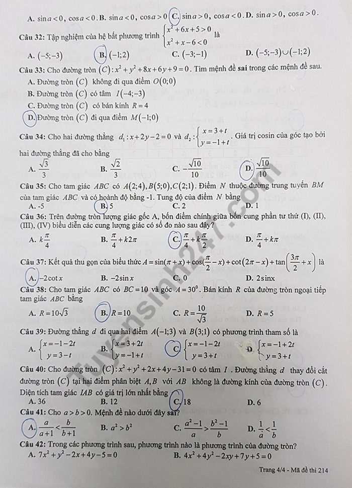 De ki 2 mon Toan lop 10 - Chuyen Nguyen Hue 2019
