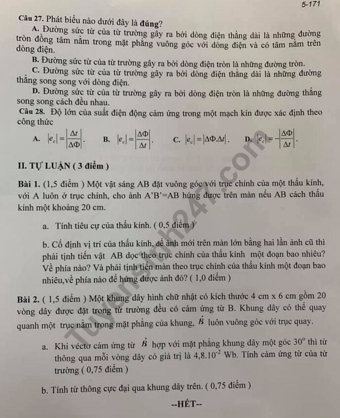 De thi ki 2 mon Ly lop 11 - So GD Binh Duong 2019