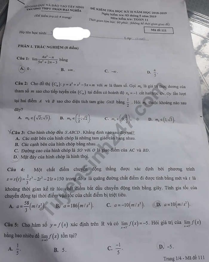 De ki 2 lop 11 mon Toan - THPT Tran Dai Nghia 2019
