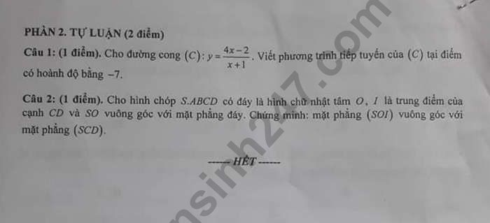 De ki 2 lop 11 mon Toan - THPT Tran Dai Nghia 2019