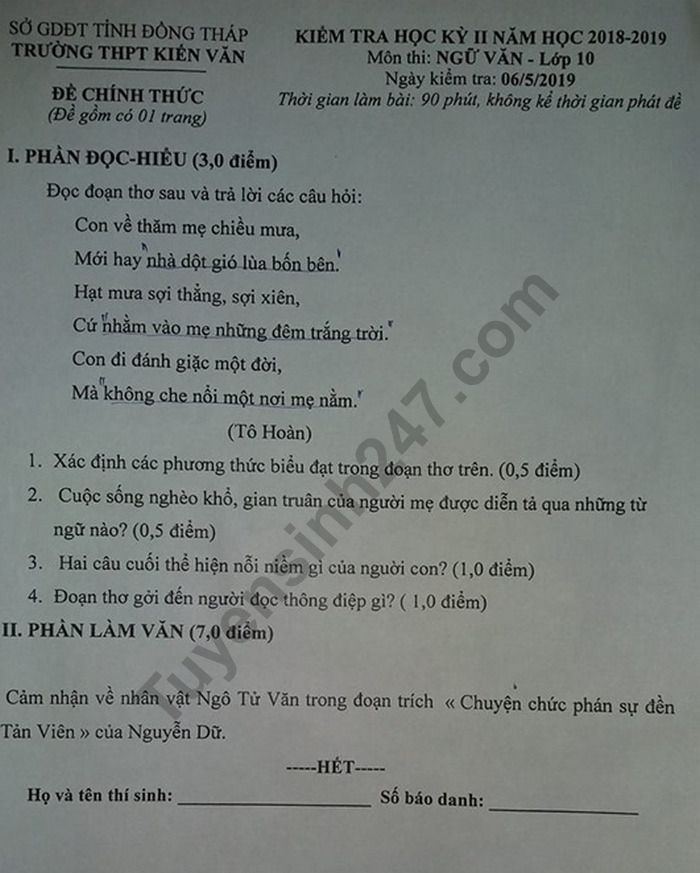 De thi hoc ki 2 mon Van lop 10 - THPT Kien Van nam 2019