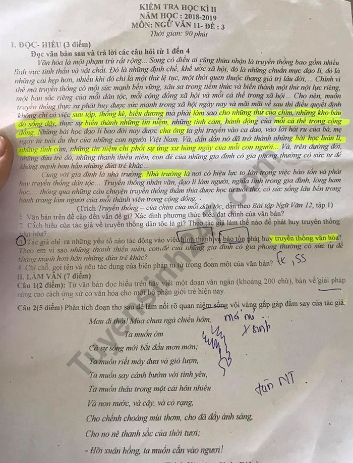 De thi hoc ki 2 mon Van lop 11 - THPT Hung Son 2019