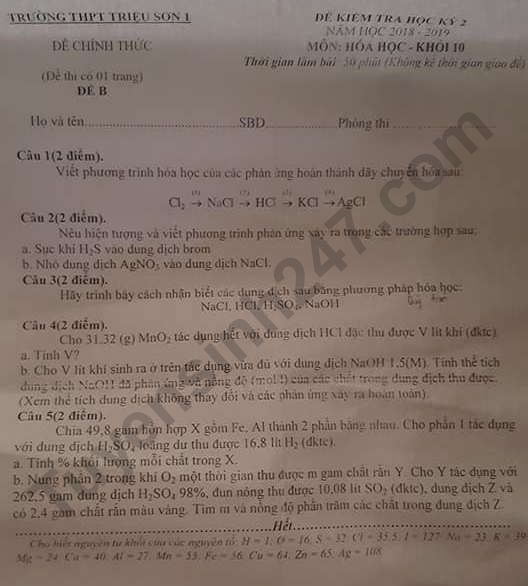 De thi ki 2 lop 10 mon Hoa 2019 - THPT Trieu Son 1
