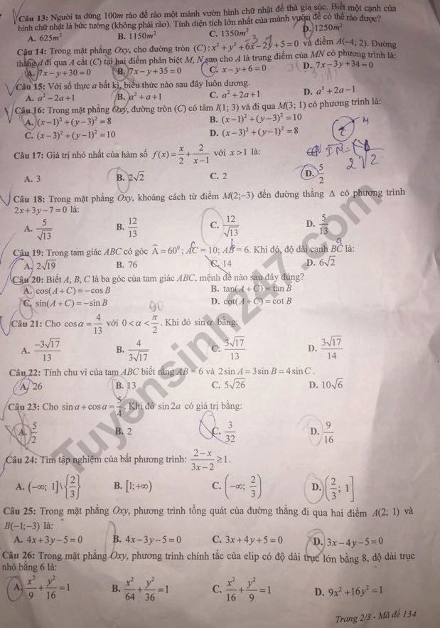De thi hoc ki 2 lop 10 mon Toan 2019 - So GD Thai Binh Co dap an