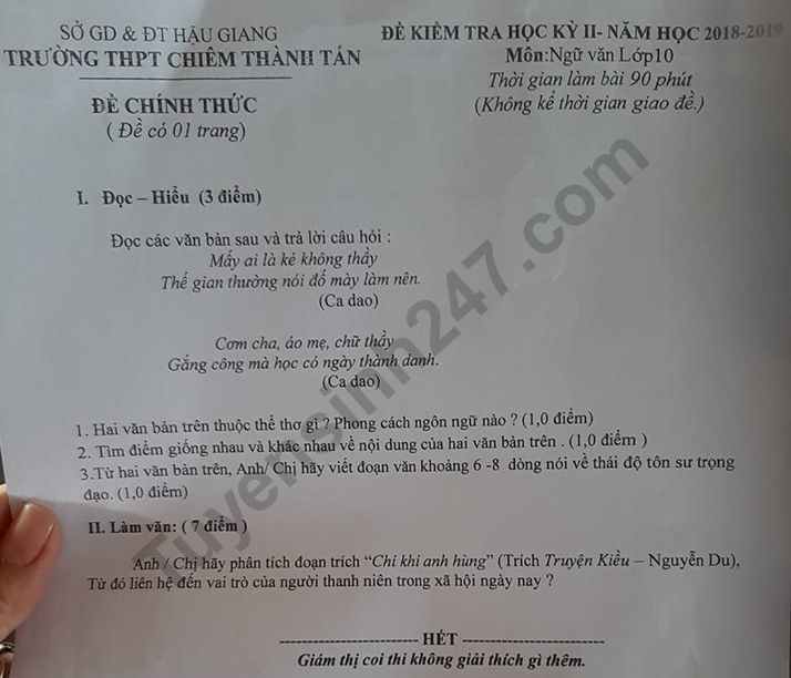 De thi ki 2 lop 10 mon Van - THPT Chiem Thanh Tan 2019