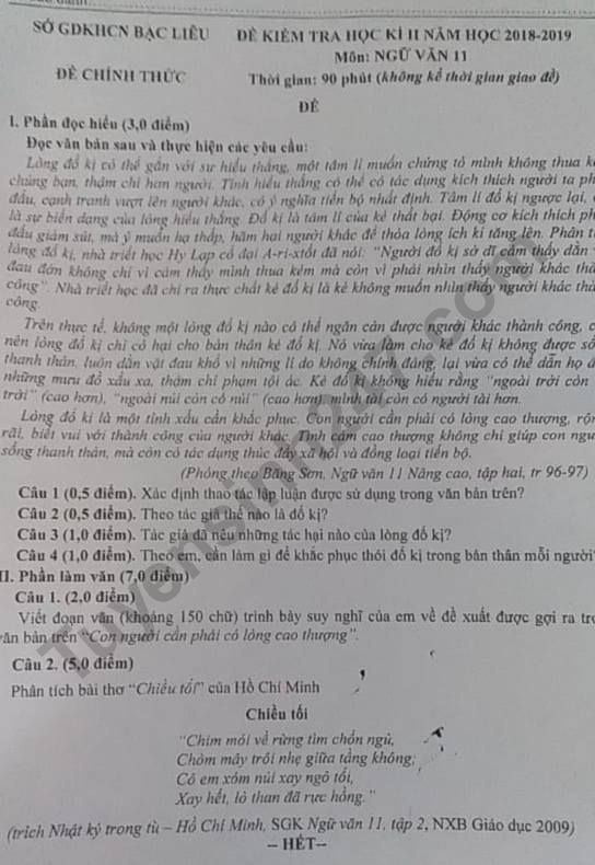 De thi ki 2 mon Van lop 11 nam 2019 - Bac Lieu