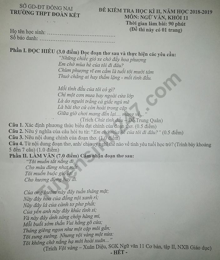 De thi ki 2 lop 11 mon Van THPT Doan Ket 2019