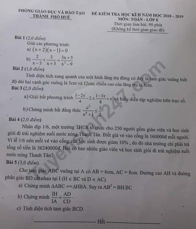 De thi hoc ki 2 lop 8 mon Toan - TP Hue nam 2019