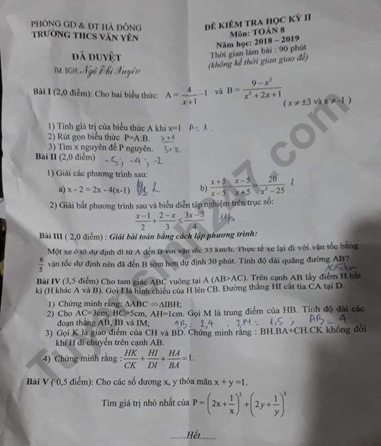 De thi hoc ki 2 mon Toan lop 8 nam 2019 - THCS Van Yen