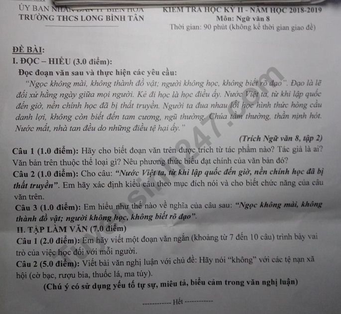 De thi ki 2 mon Van lop 8 - THCS Long Binh Tan 2019