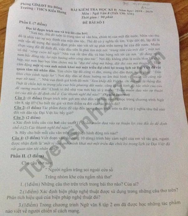 De thi ki 2 lop 8 mon Van - THCS Kien Hung 2019