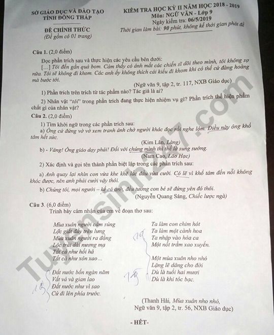 De thi hoc ki 2 lop 9 mon Van 2019 - So GD Dong Thap