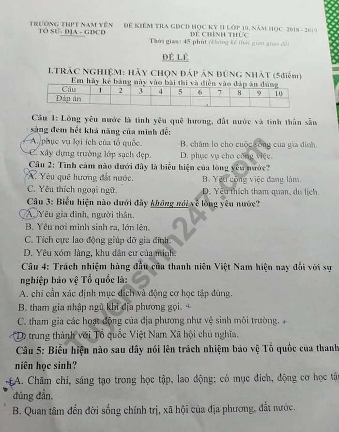 De mon GDCD ki 2 lop 10 - THPT Nam Yen nam 2019
