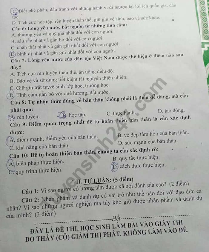 De mon GDCD ki 2 lop 10 - THPT Nam Yen nam 2019