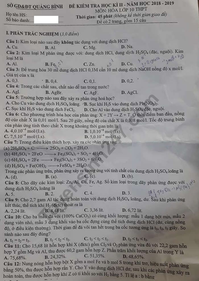 De ki 2 mon Hoa lop 10 - So GD Quang Binh nam 2019