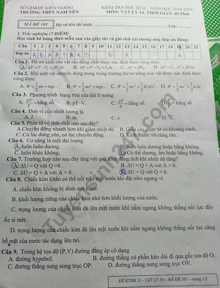 De thi ki 2 mon Ly lop 10 - THPT Nam Yen 2019