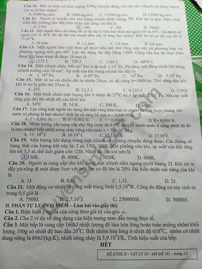 De thi ki 2 mon Ly lop 10 - THPT Nam Yen 2019