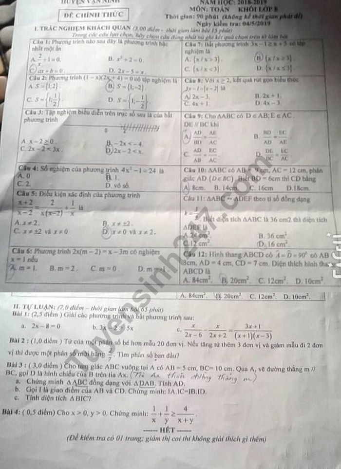 De thi hoc ki 2 mon Toan lop 8 - Huyen Van Ninh 2019