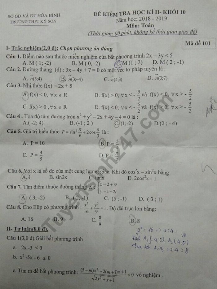 De thi ki 2 mon Toan lop 10 - THCS Ky Son nam 2019