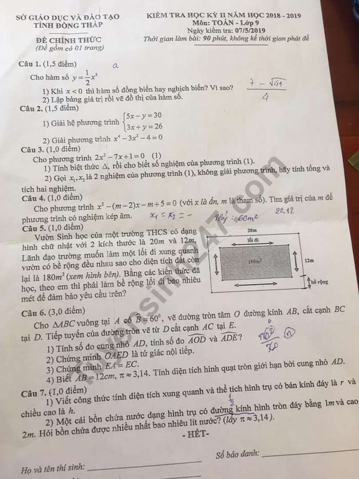 De thi ki 2 mon Toan lop 9 - Tinh Dong Thap 2019