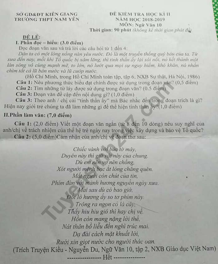 De thi ki 2 mon Van lop 10 - THPT Nam Yen 2019