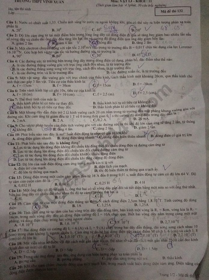 De thi hoc ki 2 lop 11 mon Ly - THPT Vinh Xuan 2019