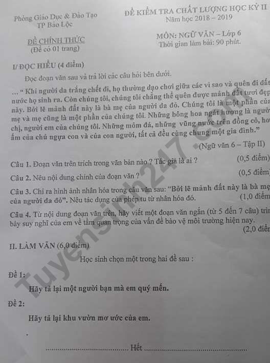 De thi hoc ki 2 lop 6 mon Van - TP Bao Loc 2019