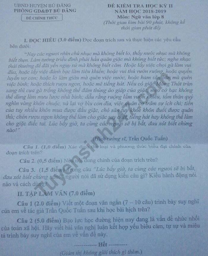 De thi ki 2 mon Van lop 8 Phong GD Bu Dang 2019