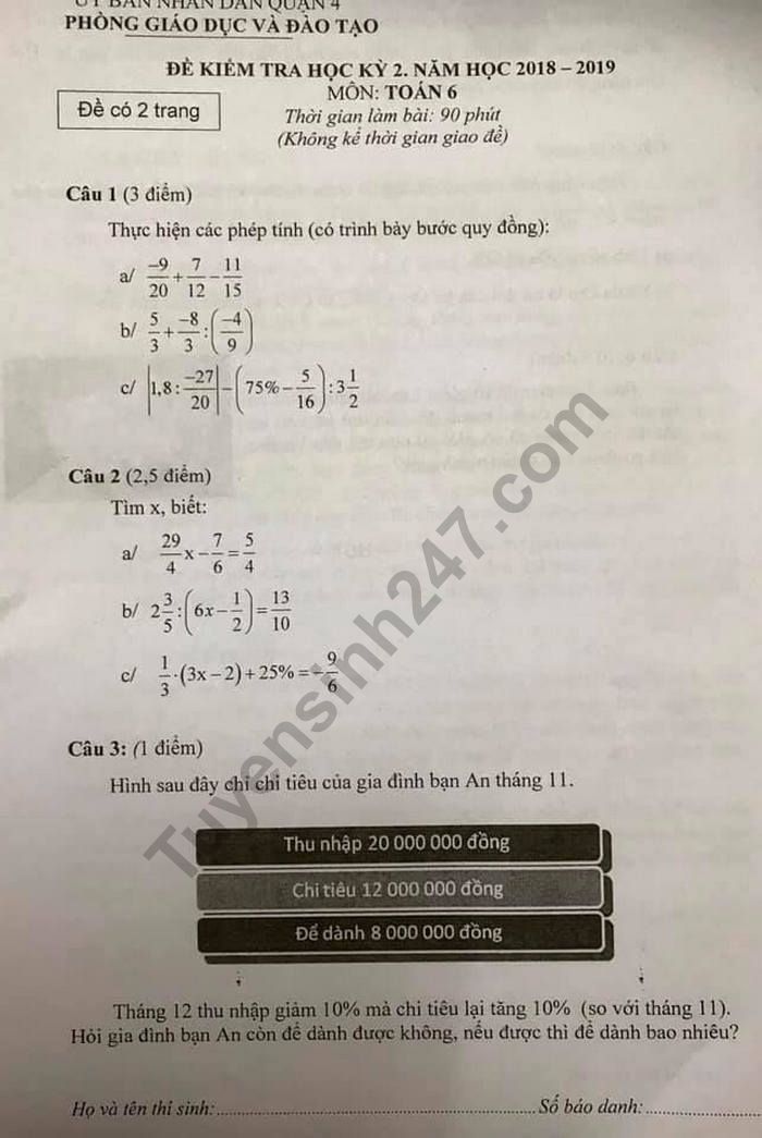 De ki 2 mon Toan lop 6 nam 2019 Quan 4