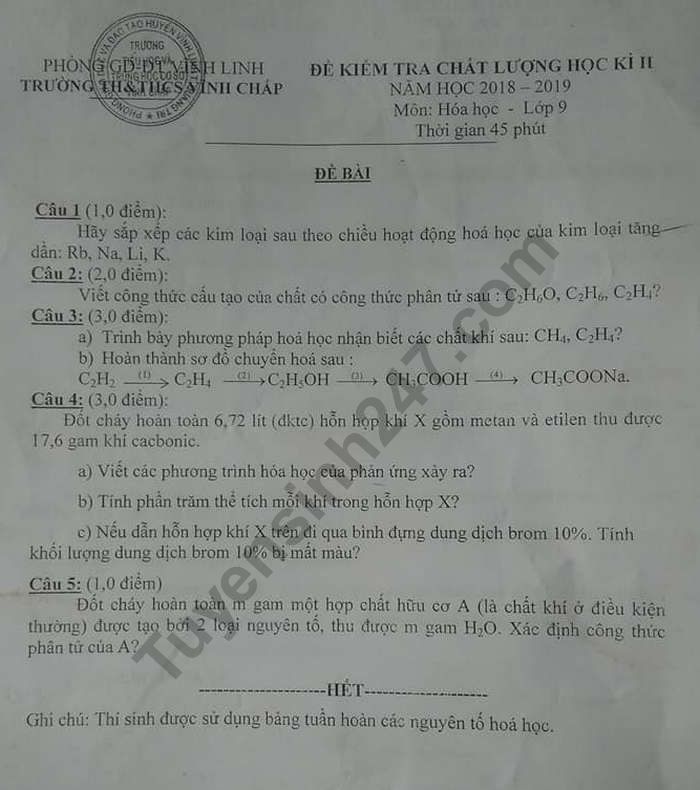 De ki 2 mon Hoa lop 9 nam 2019 truong THCS Vinh Chap