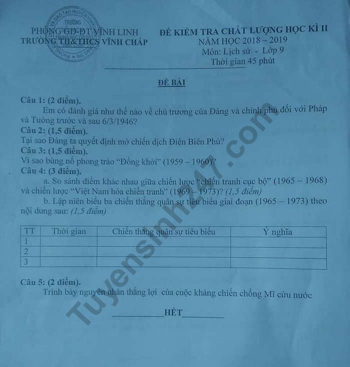 De ki 2 mon Su lop 9 nam 2019 truong THCS Vinh Chap