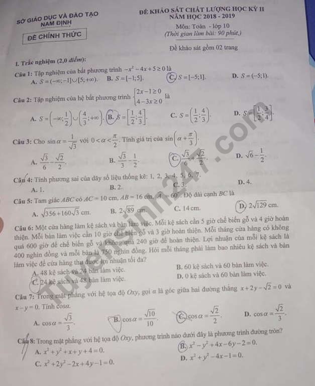De thi ki 2 lop 10 mon Toan So GD Nam Dinh 2019