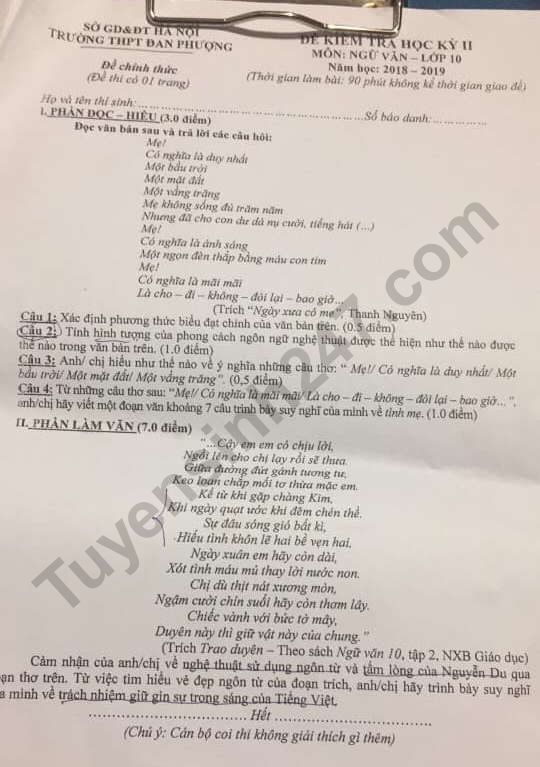 De thi ki 2 lop 10 mon Van THPT Dan Phuong 2019