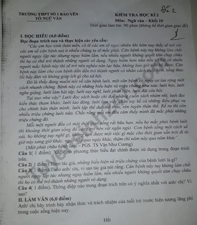 De thi ki 2 mon Van lop 10 THPT So 1 Bao Yen 2019