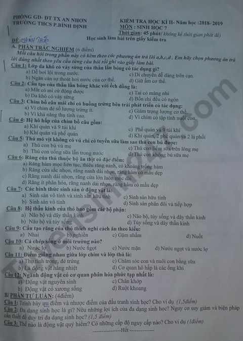 De thi ki 2 lop 7 mon Sinh 2019 - Binh Dinh