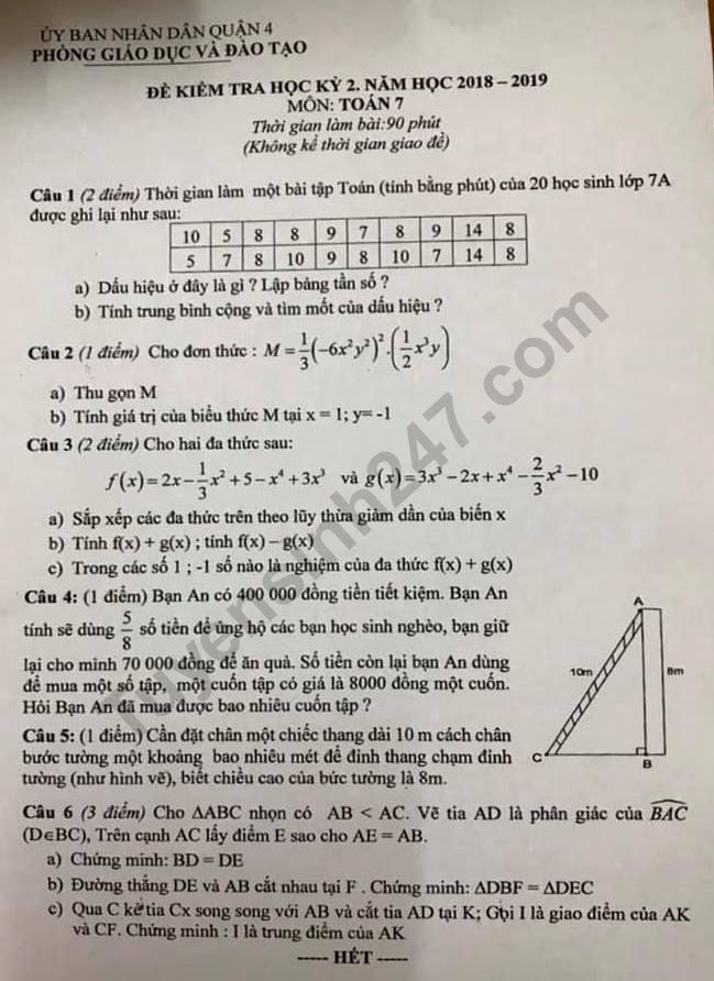 De thi ki 2 lop 7 mon Toan nam 2019 - Quan 4