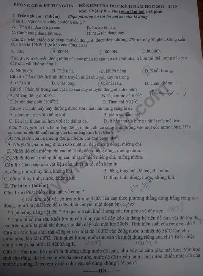 De thi ki 2 lop 8 mon Ly 2019 - Phong GD Tu Nghia