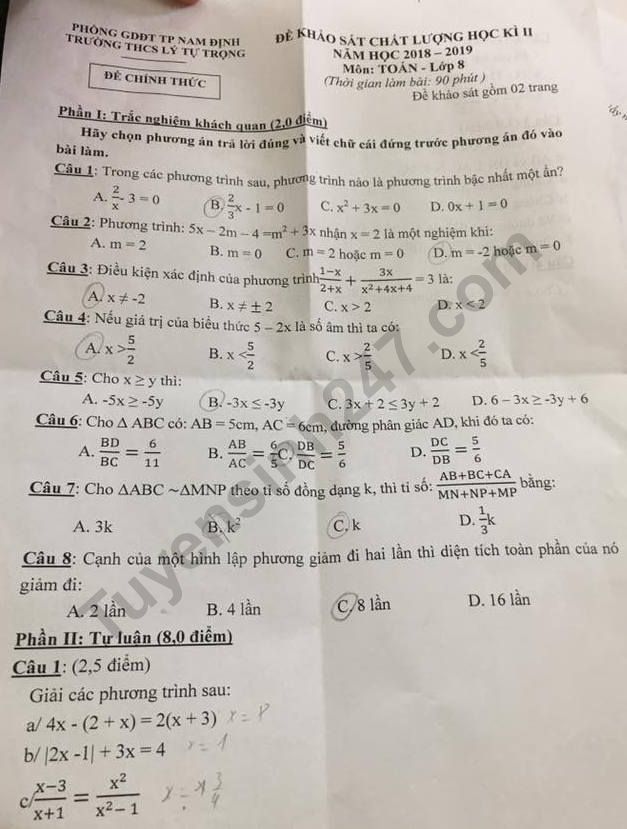 De thi ki 2 lop 8 mon Toan - THCS Ly Tu Trong 2019