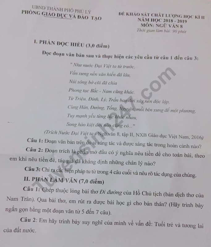 De thi ki 2 mon Van lop 8 nam 2019 - TP Phu Ly