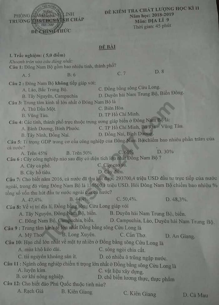 De ki 2 mon Dia lop 9 - THCS Vinh Chap 2019