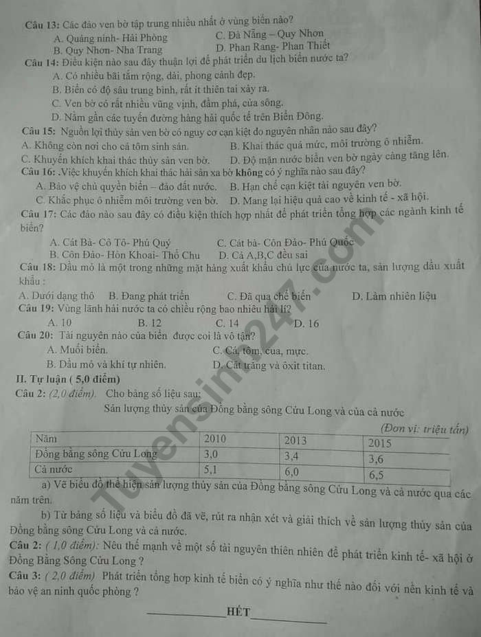 De ki 2 mon Dia lop 9 - THCS Vinh Chap 2019